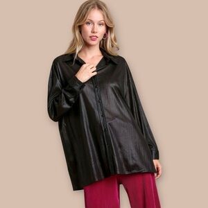 Umgee Silky Side Slit Button Up Long Sleeve Shirt Black Women’s Size Medium